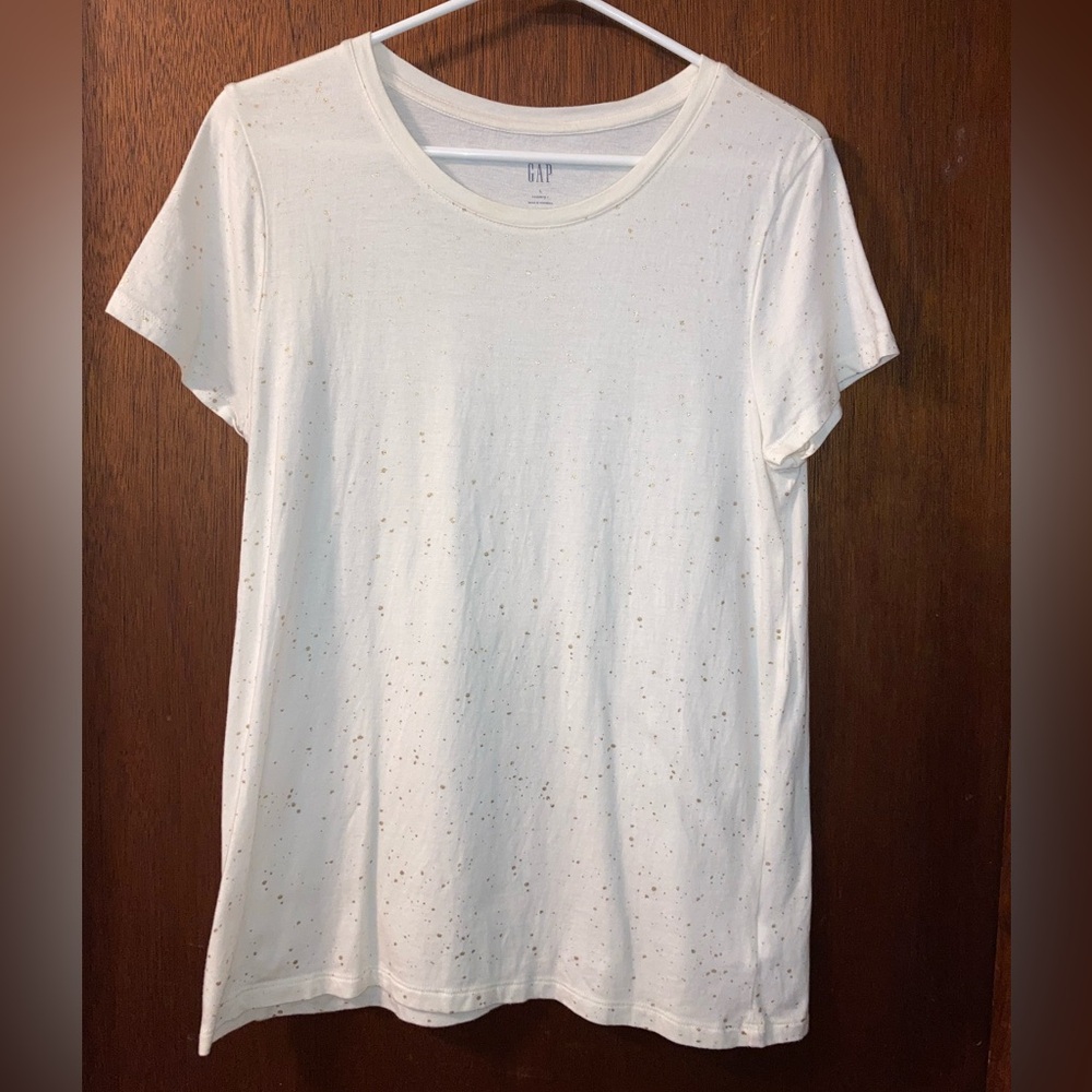 Women's Gap Favorite Crewneck Tee, Gold Speckle White Tee Shirt Large